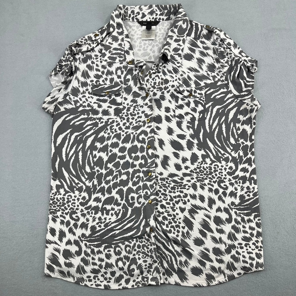 BCBGMAXAZRIA Womens XL Grey White Animal Print Button Utility Blouse Epaulettes